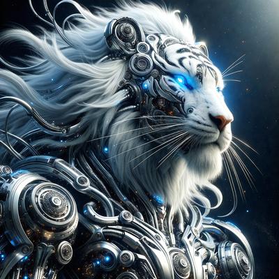 The primary subject of the image is a white tiger with blue eyes, wearing a futuristic, mechanical suit. The tiger is standing in a dark, starry sky, which serves as the setting for the scene. The visual style of the image is digital art, as it is a detailed and intricate illustration of the tiger. The colors and mood of the image are predominantly dark and mysterious, with the blue eyes of the tiger adding a touch of brightness and interest to the scene.